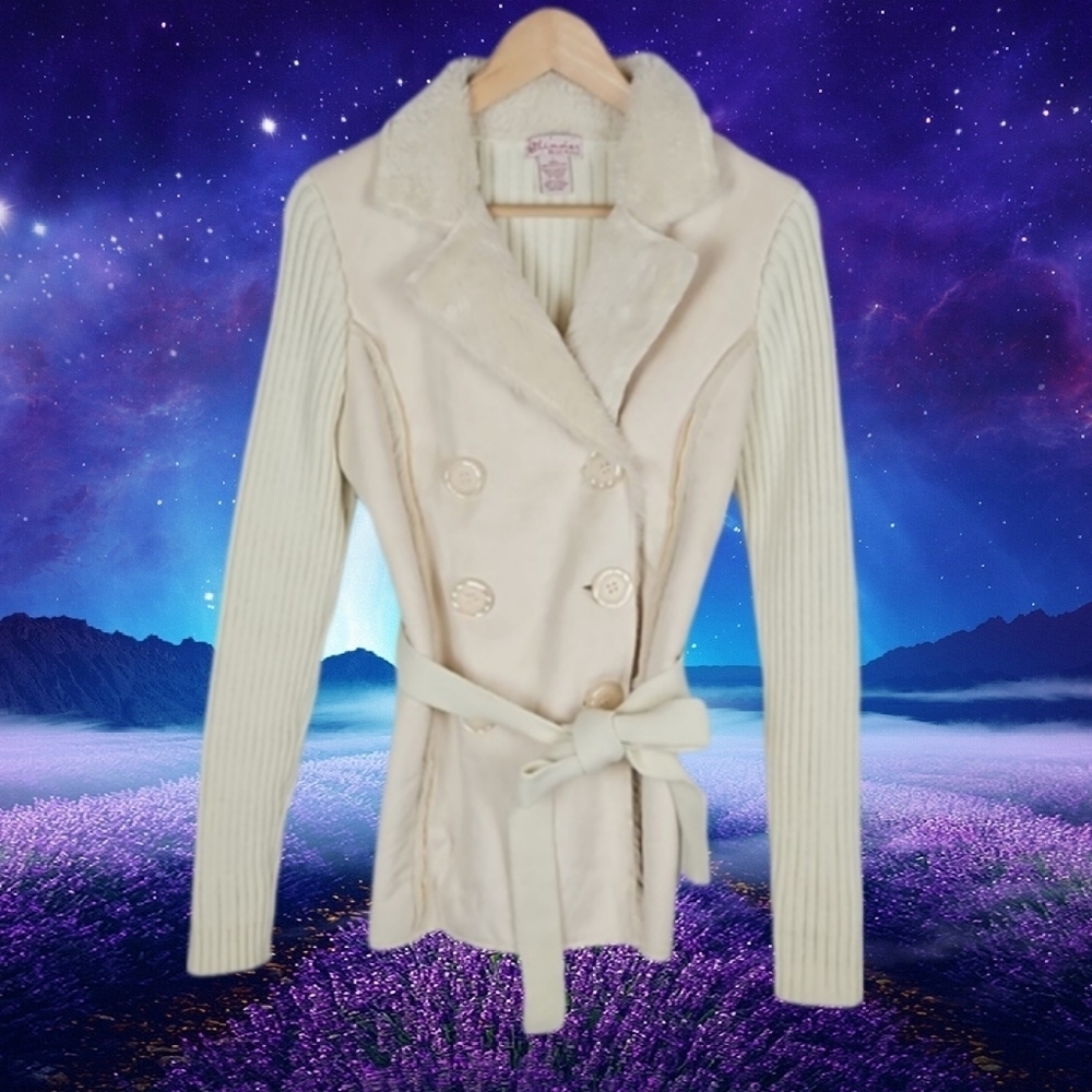 Girls Knit Sweater Jacket with Vegan Fur Collar in Cream, Size L
